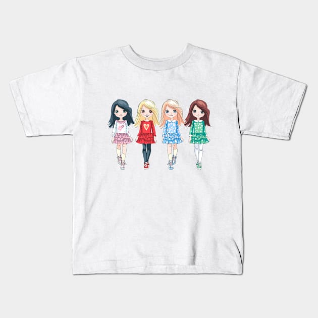 Cute baby girls in colorful dresses Kids T-Shirt by kavalenkava